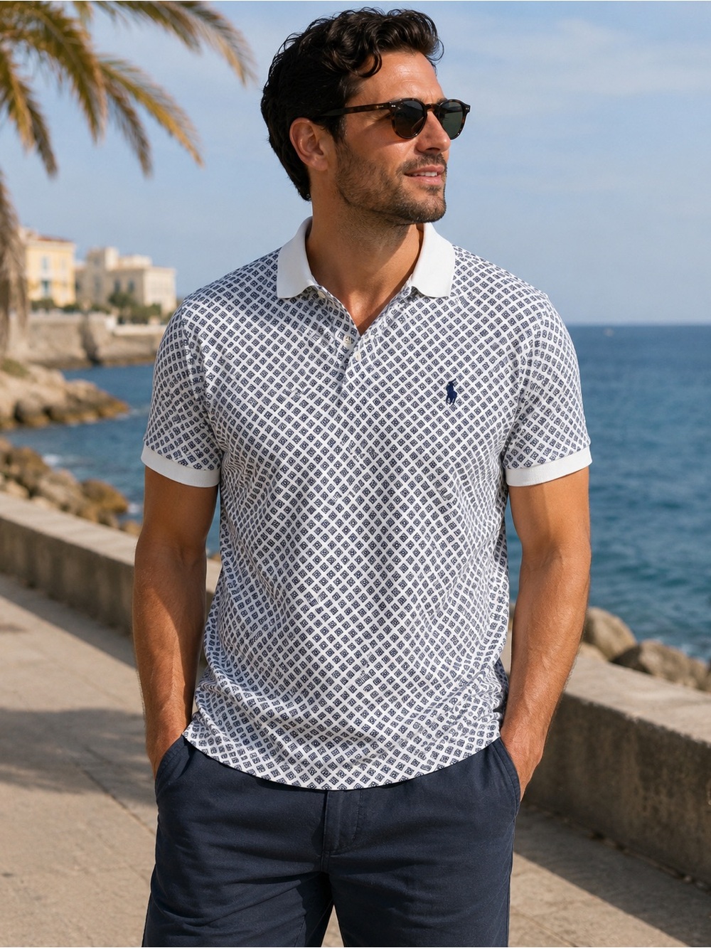 Polo Ralph Lauren Shirt Mens Med Classic Fit Blue White Geometric Short Sleeve